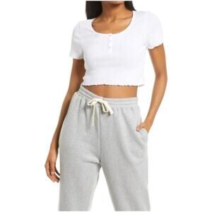 Bp. Pointelle Rib Crop Henley In Gray Size Small